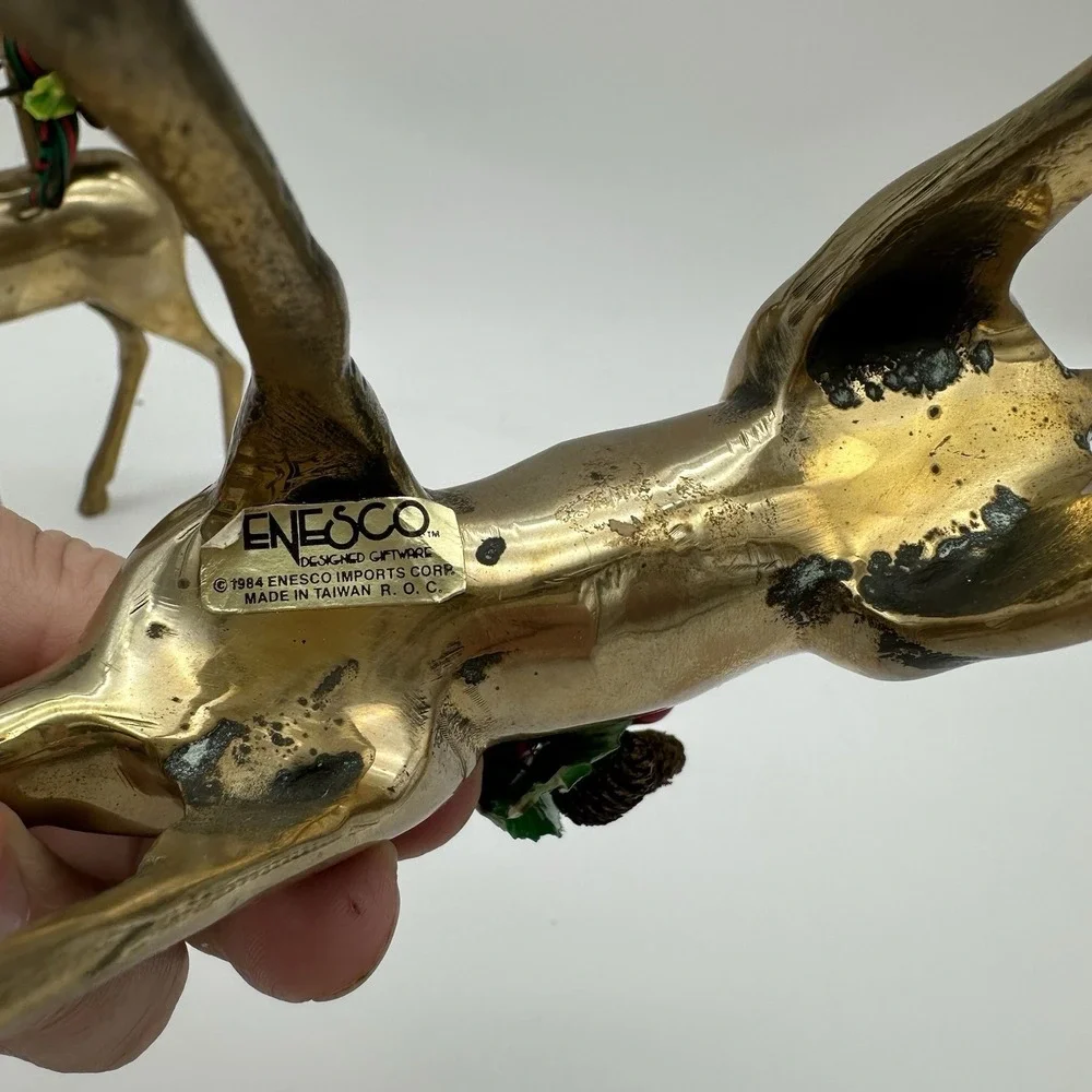 2 Vintage Brass Reindeer Candle Sticks Holders Buck and Doe Set Large Antlers